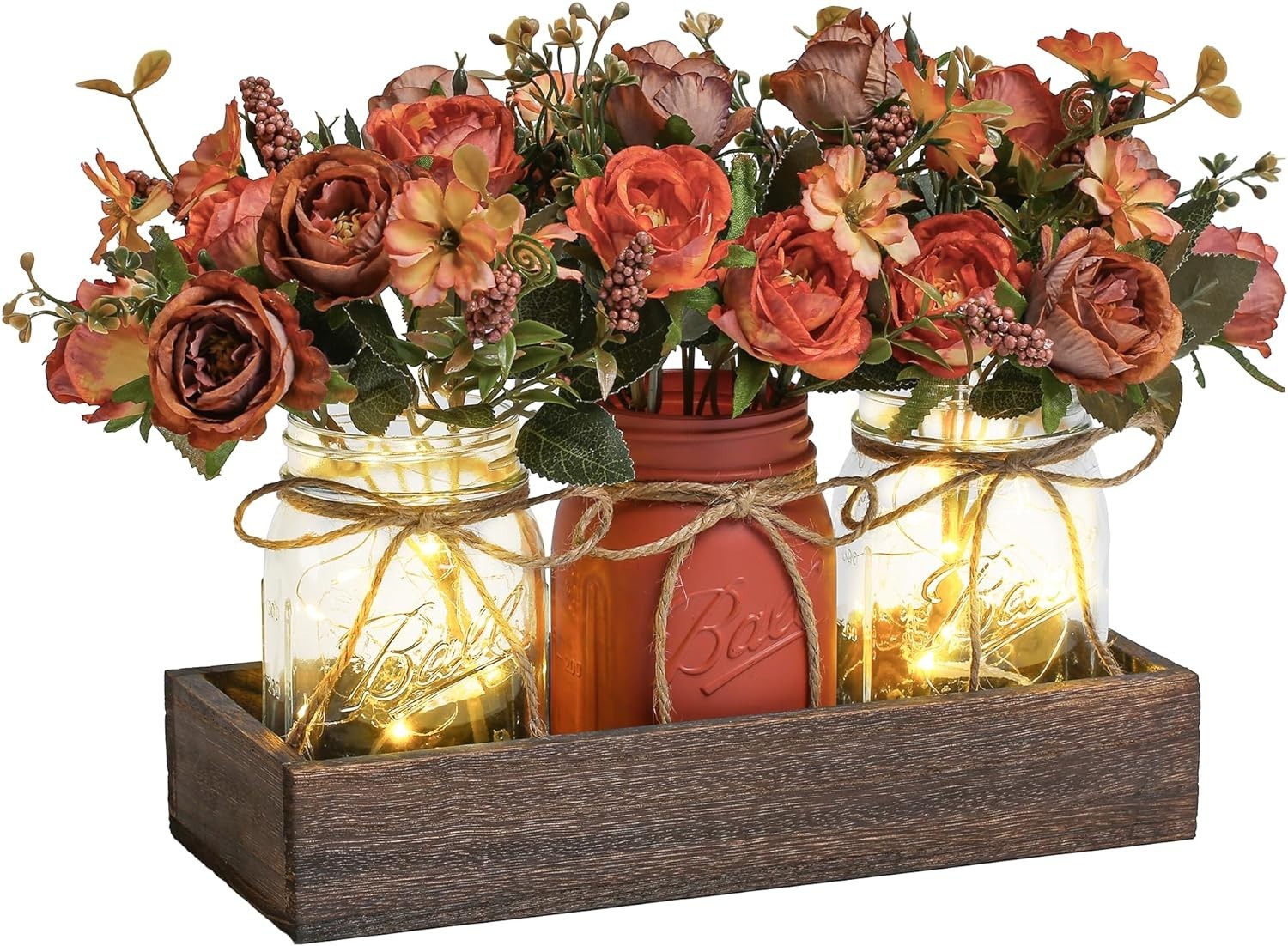 Versatile 3-Pc Mason Jar Set with Wood Tray & LED for Dining & Living Spaces