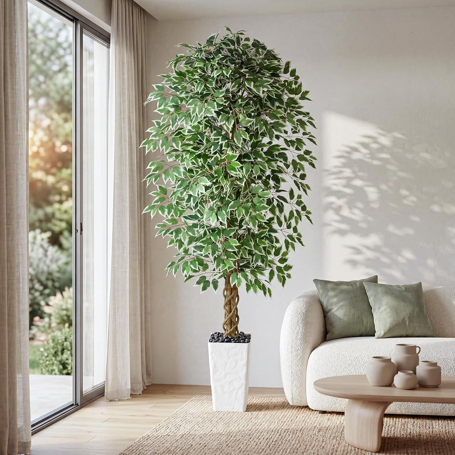 Artificial Ficus Tree, 7FT Faux Plants Indoor White Planter | Lifelike Green Lea