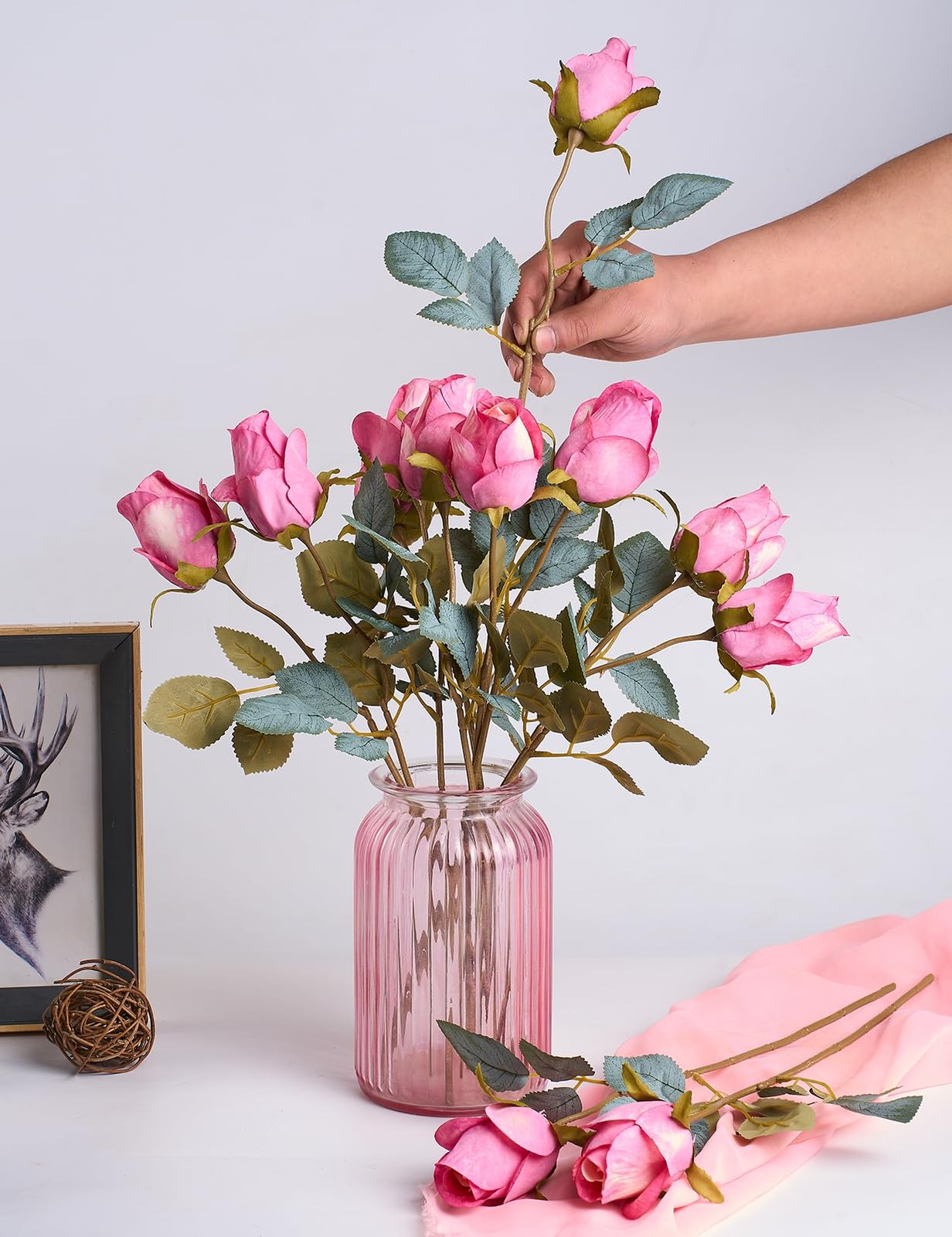 Rose Artificial Flower Buds 12 Pcs Realistic Faux Silk Fake Bouquets Magenta