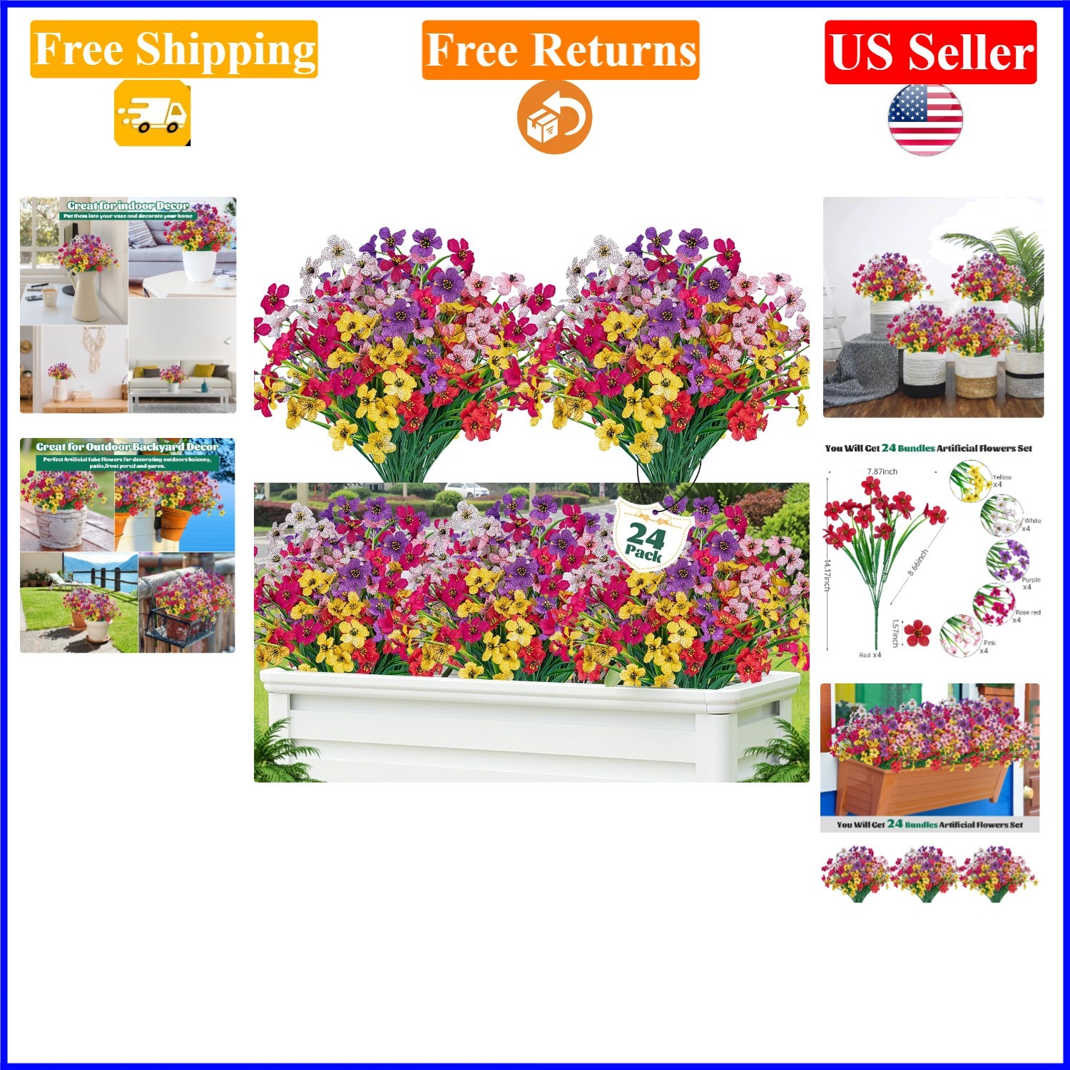 24 Pcs Artificial UV-Resistant Faux Flowers for Indoor/Outdoor Decoration