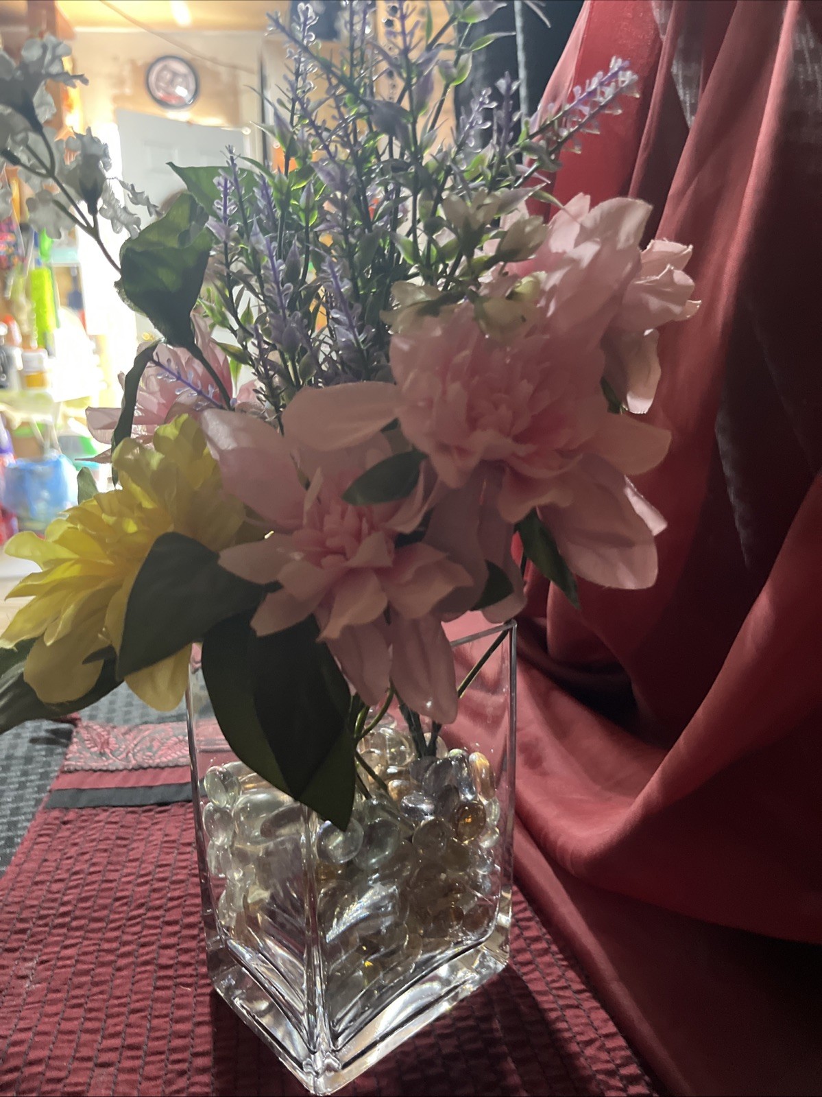 Beautiful Silk Floral Arrangement And An Oblong Square Vintage Glass Vase