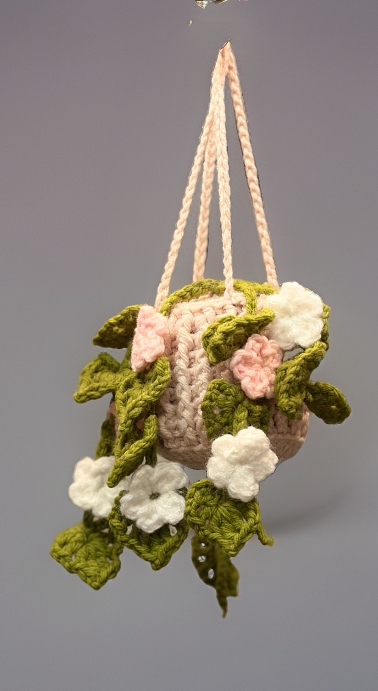 Handmade Crochet Artificial Flower Hanging Plant Arrangement Green Pink White