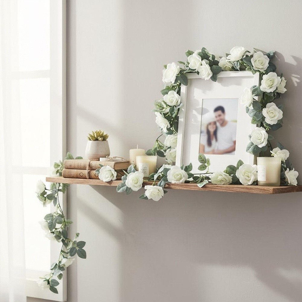 White Rose Garland 86.6 inches with Reinforced Wire Stem for Stability
