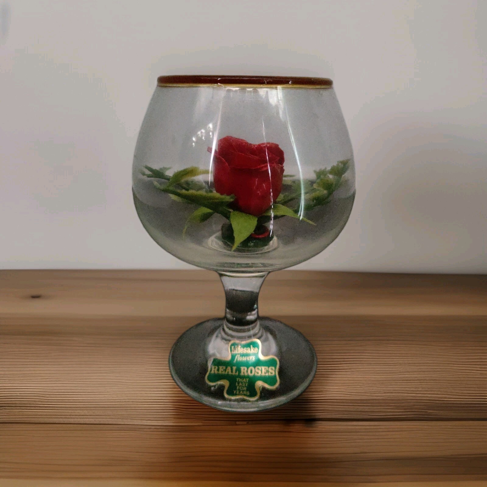 Lifesake Flowers Red Rose Preserved In Wine Glass Decor VTG Cottage Core Romance