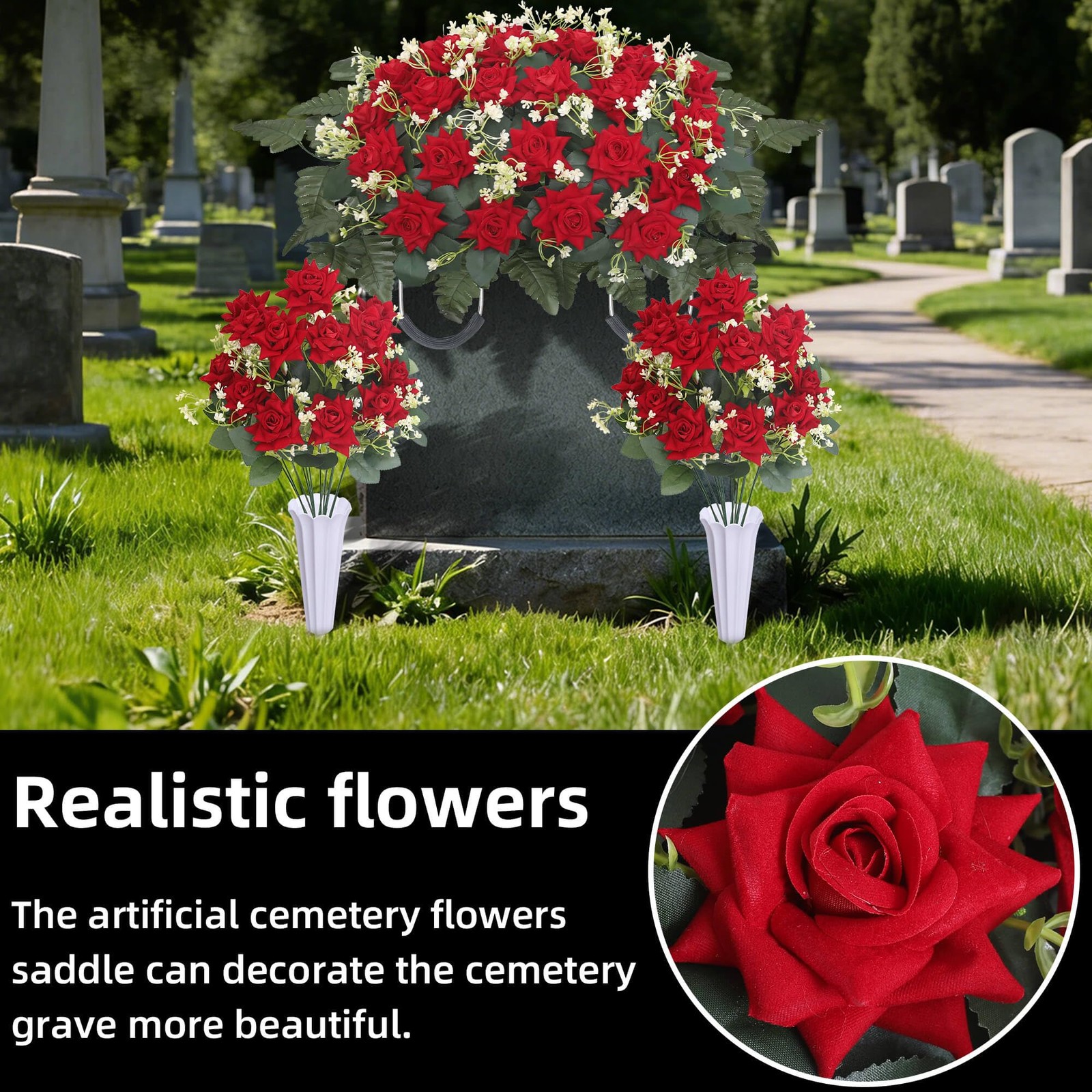 3 Piece Memorial Flowers Set for Cemetery – Large Headstone Flower Saddle + 2…