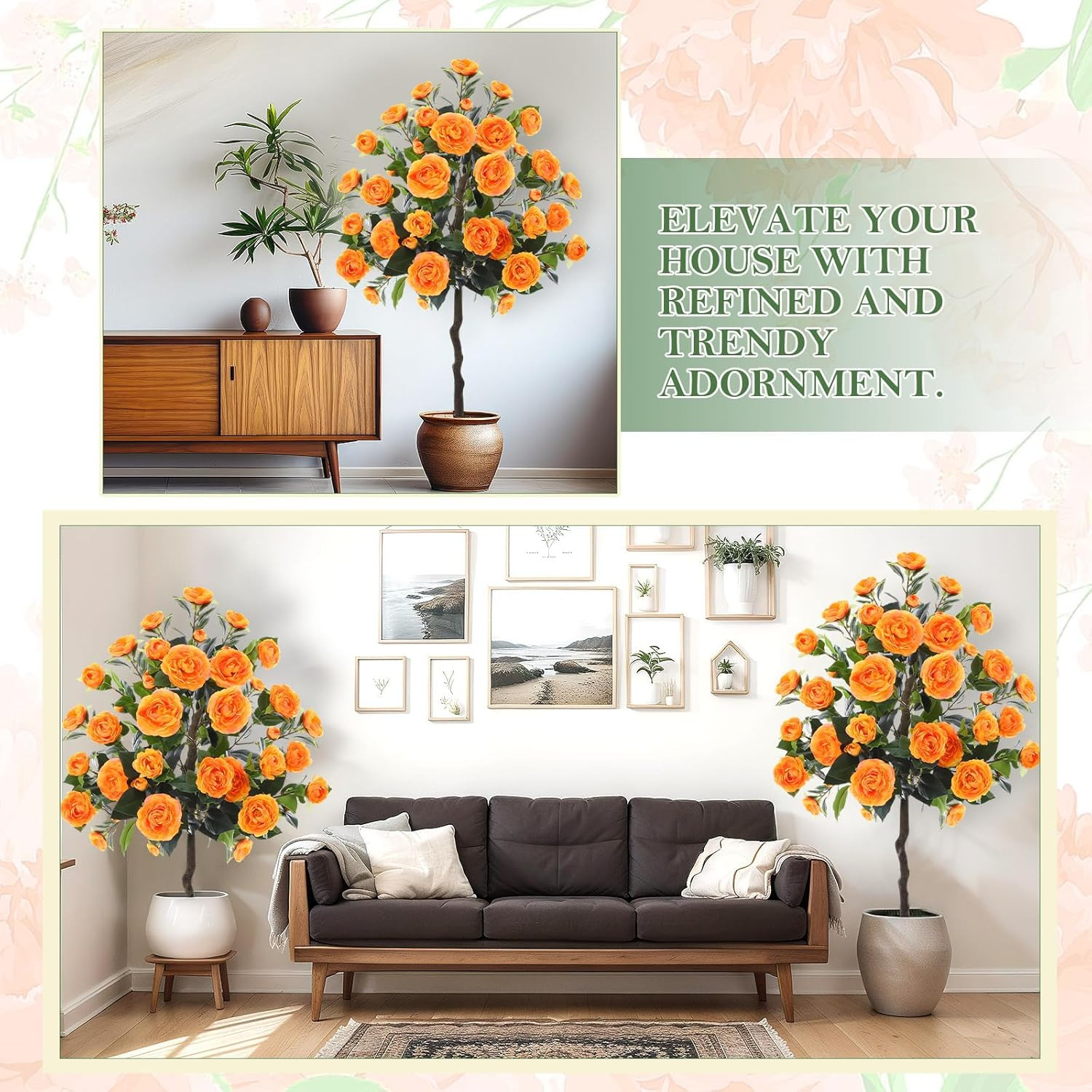 2 Pack 4Ft UV Resistant Faux Camellia Plants for Outdoor Decor, Orange