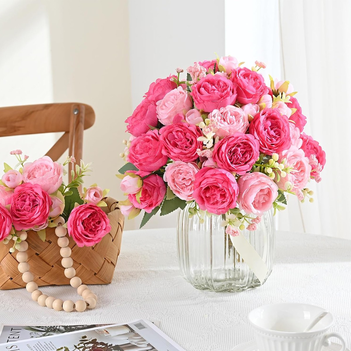 4 Bundles Pink Peony Fake Artificial Flowers Bouquet For Wedding Decoration