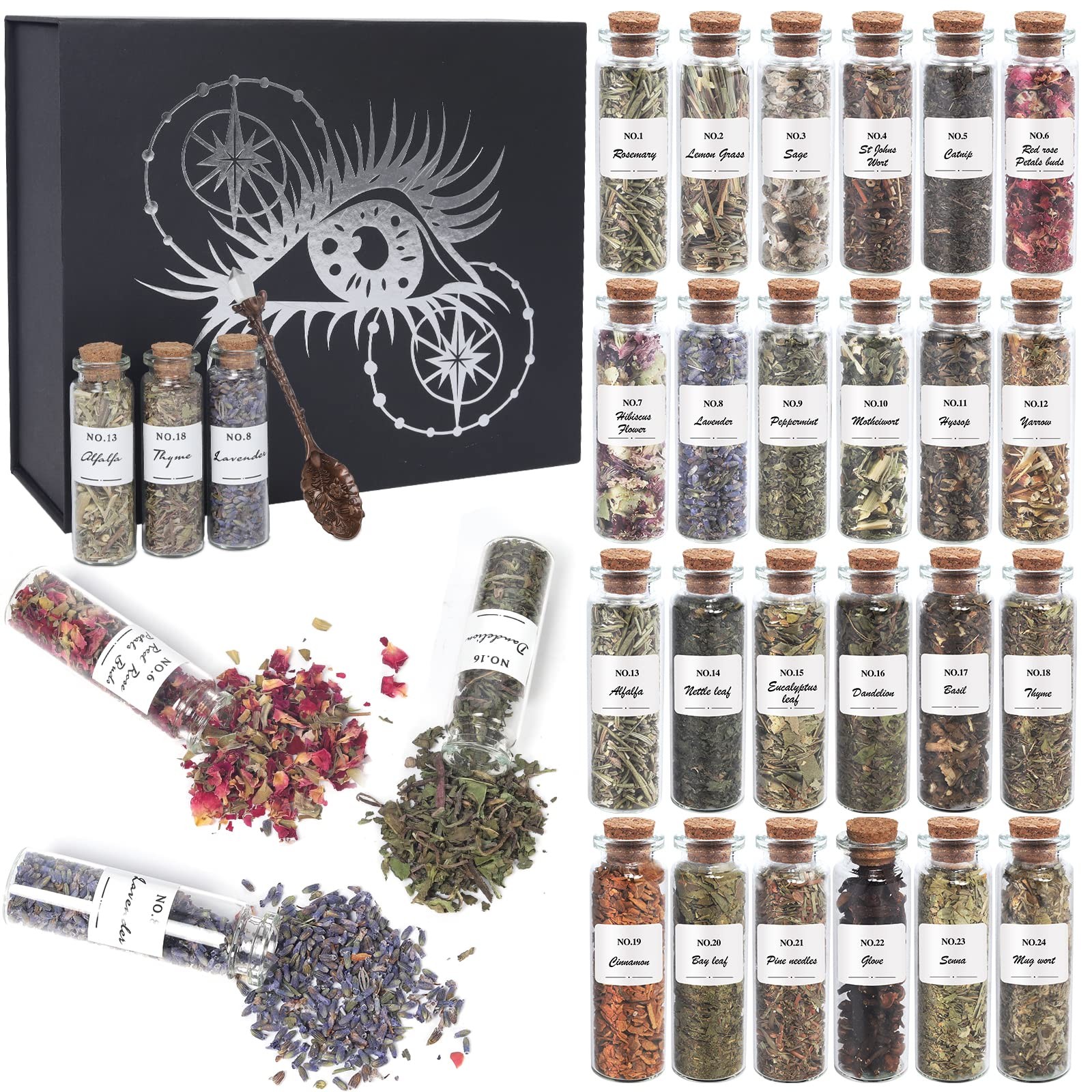 Witchcraft Supplies Herbs and Flowers Kit – 24 Pieces of Natural Dried Herbs Set