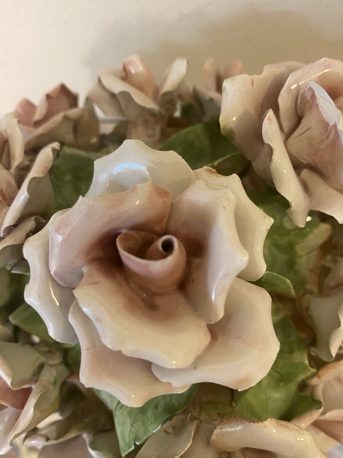 Porcelain Flower Centerpiece Capodimonte Style Italy Pink Roses 6” Tall