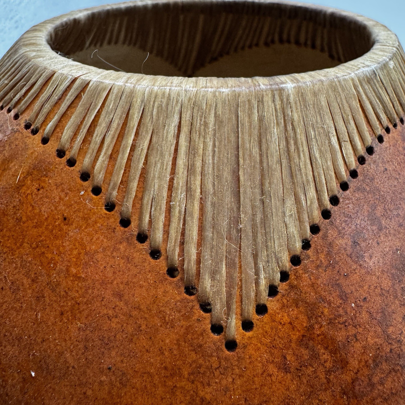 Home decor Gourd large primitive folk art Woven Trim dried flower vase