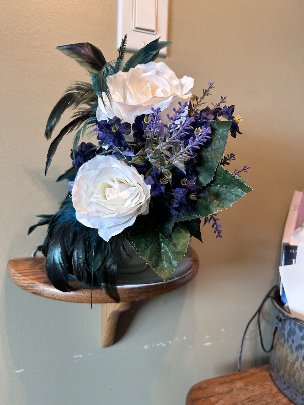 floral Tea Cup large white roses, lavender sprigs & Teal feathers