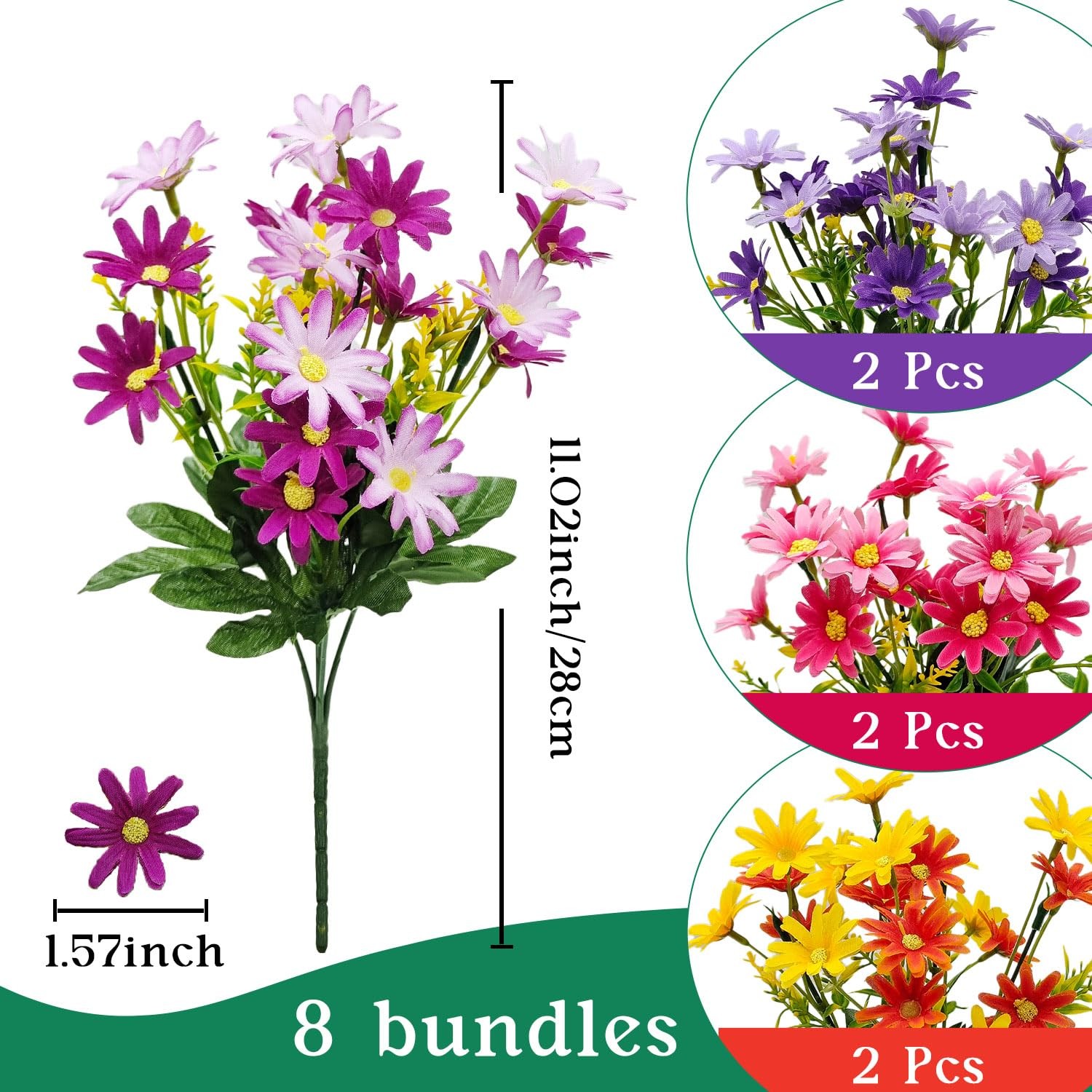 Artificial Daisy Flowers 11.02″ Height UV Resistant 8 Bundles – Colorful