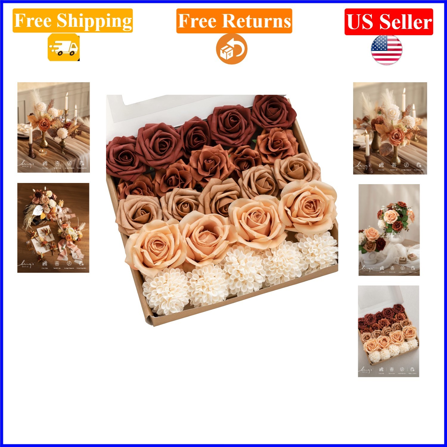 24PCS Faux Silk & Foam Roses & Dahlia Wedding & Home Decor, Autumn Colors