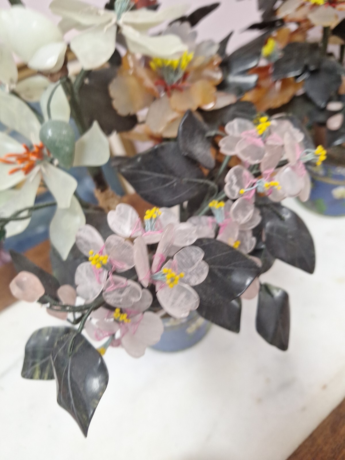 2 Hand Painted Japanese Flower Pots With Artificial Flowers With Jade 3.5″ Diam