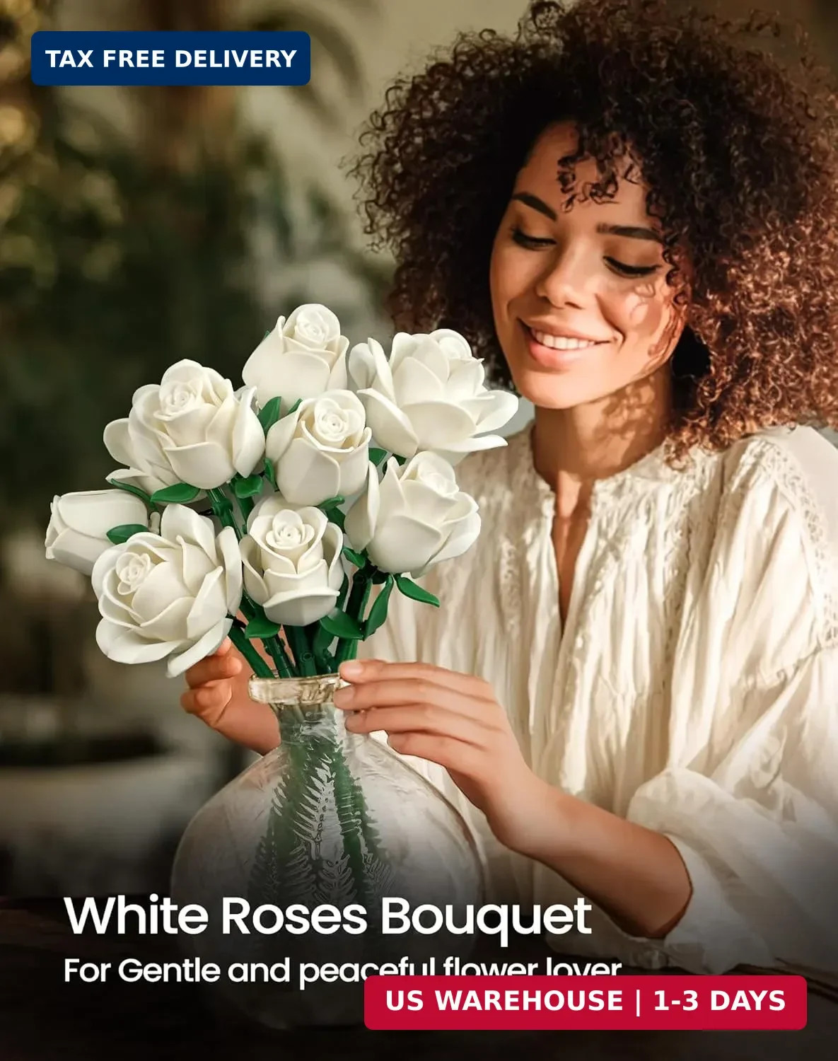 White Rose Bouquet Building Set 12PCS Botanical Flowers Home Decor Gift