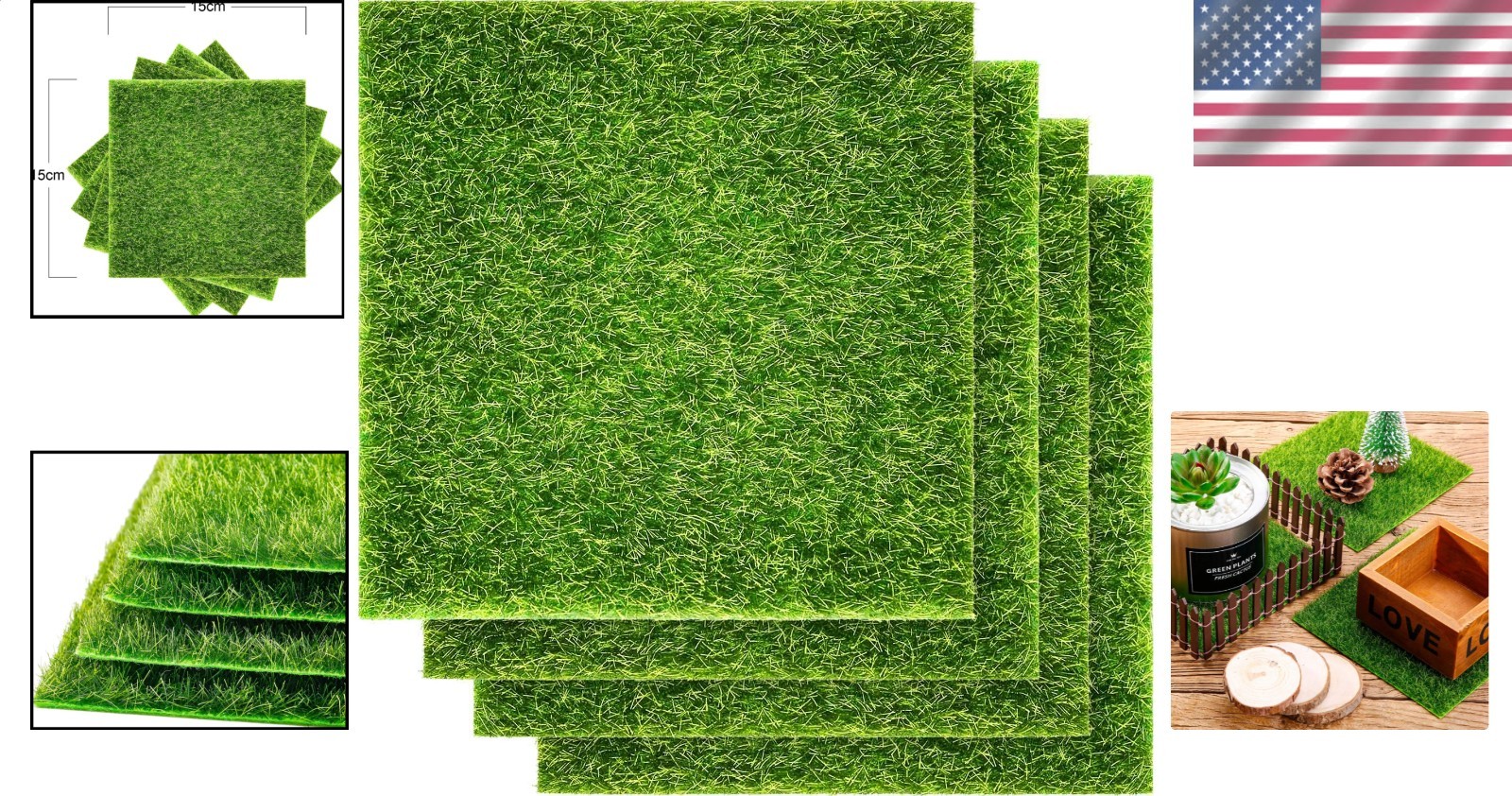4 Packs Artificial Grass Mats 6×6 Inch Fake Turf Decor for DIY Dollhouse Fair…