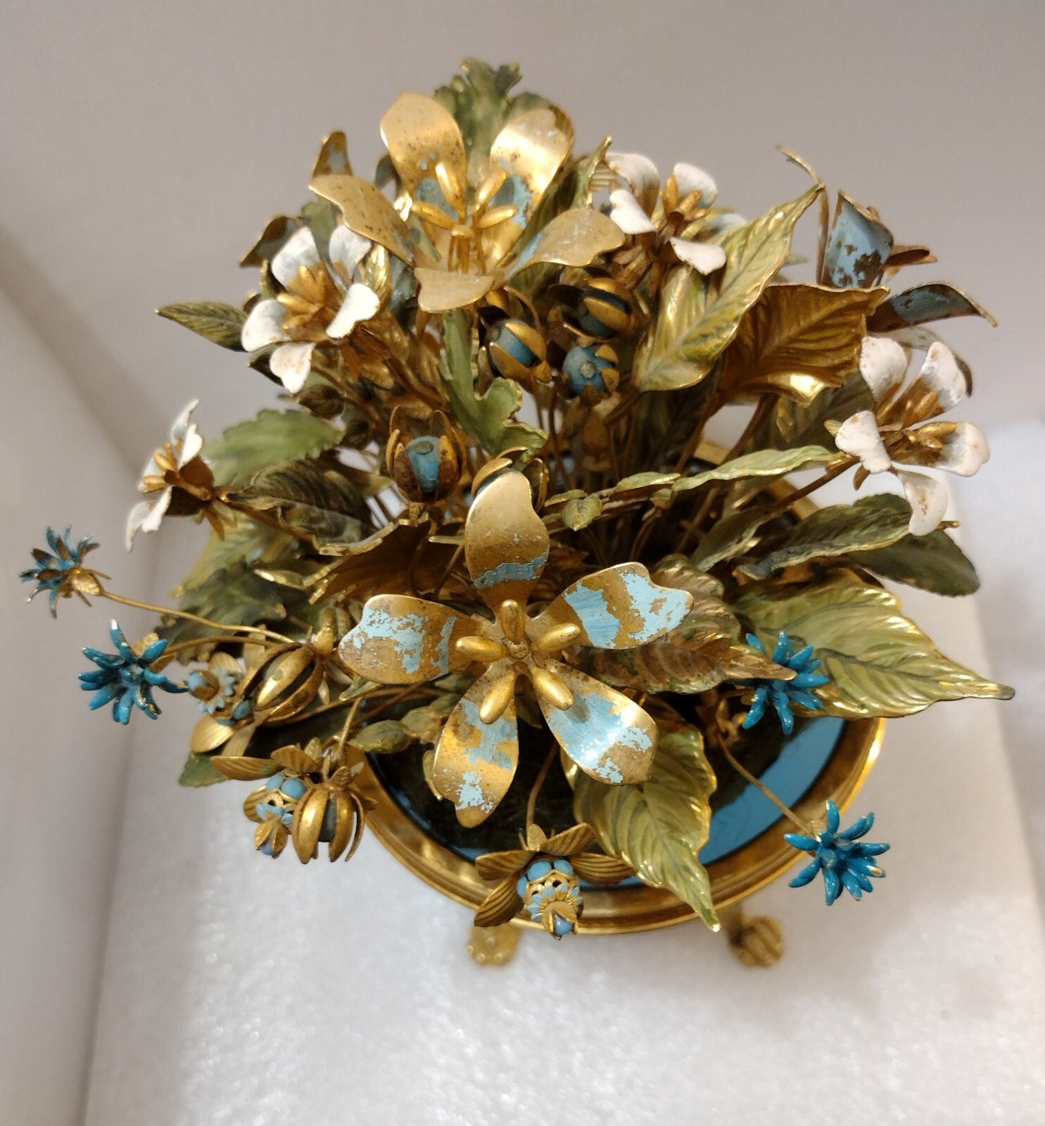 Enameled Flower Bouquet Tipped In Real Gold Labeled Italy Enameled Metal Aqua