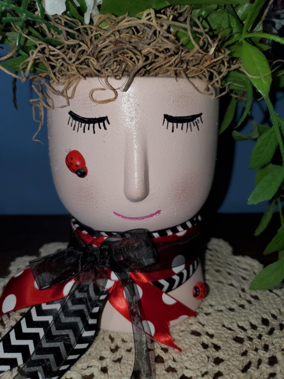 Handmade Floral Arrangement Whimsical Planter Ladybugs Red Roses Purple White