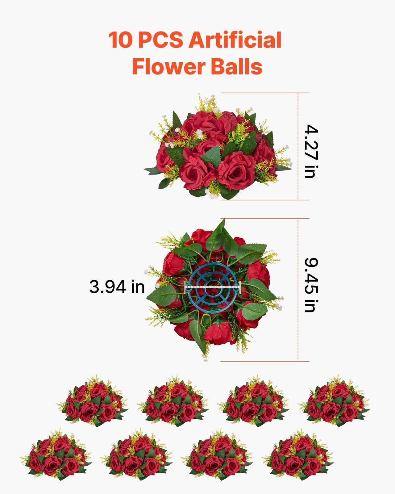 9.5in Synthetic Red Roses 10 Piece Fake Flower Bouquet Decor