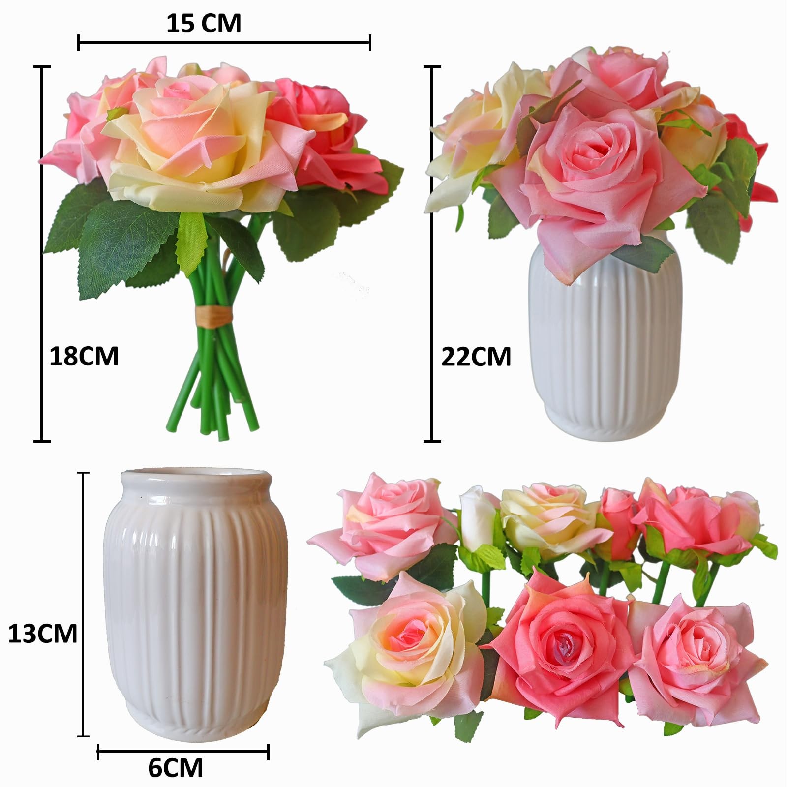 Fake Flowers in A Vase Pink Silk Roses Bouquet with Ceramic Vase Lifelike Fak…