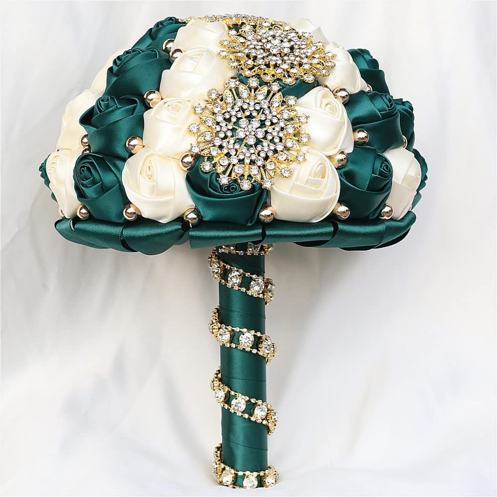 Emerald Green Ivory Bridal Wedding Bouquet Gold Rhinestone Pearl Satin 7.1in
