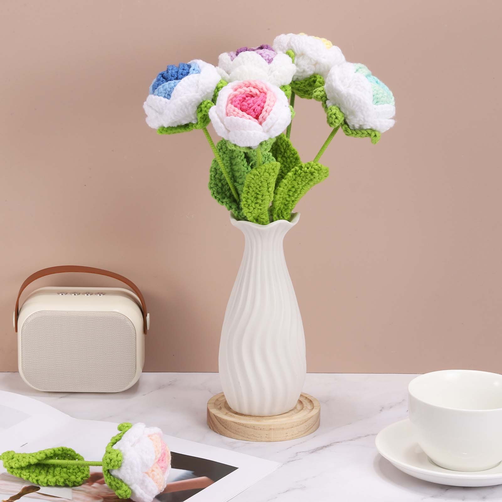 6Pcs Crochet Flower Rose Handmade Knitted Bouquet Yellow Gradient