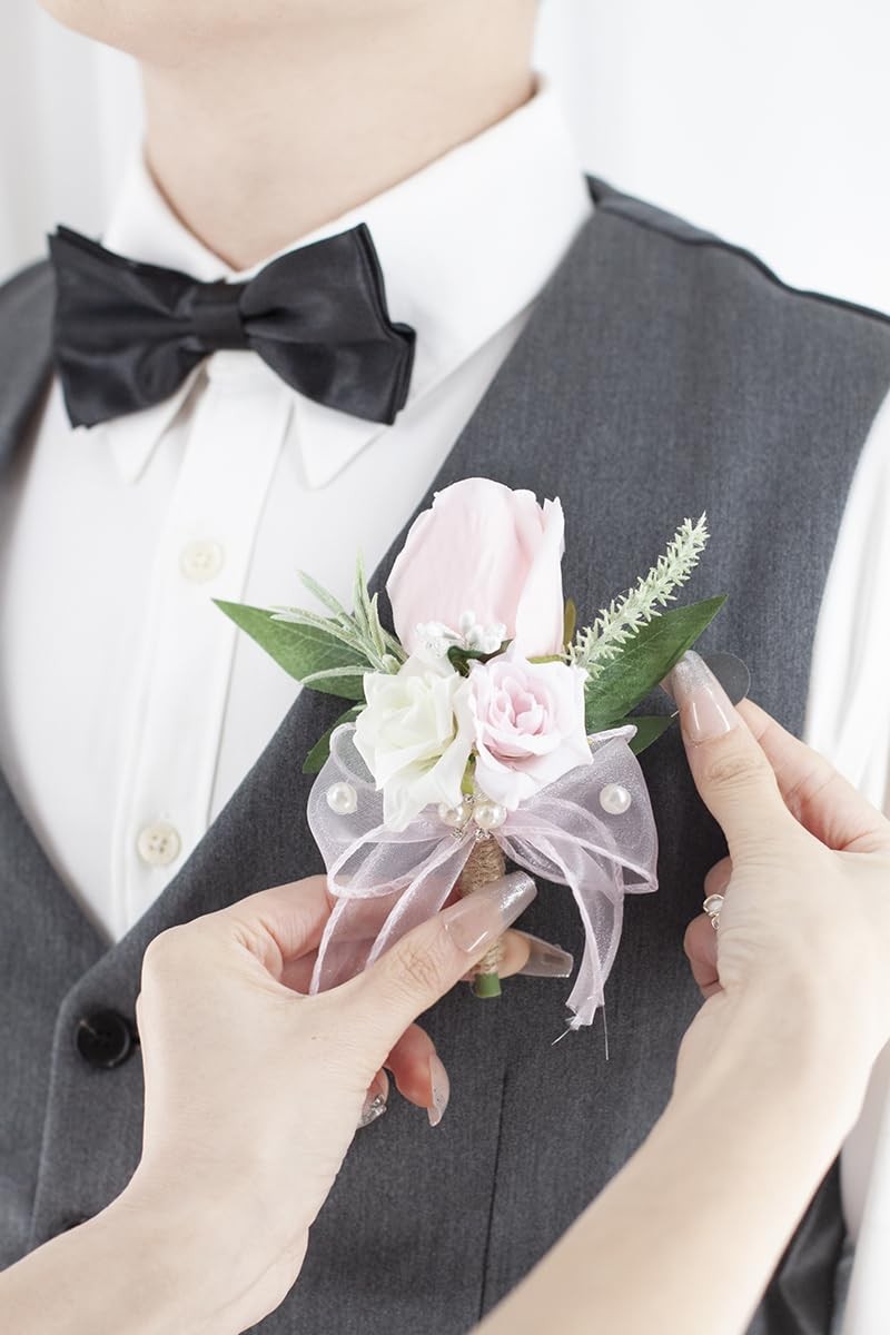 Pink Artificial Rose Flower Corsage and Boutonniere Set for Wedding Prom 1 PCS
