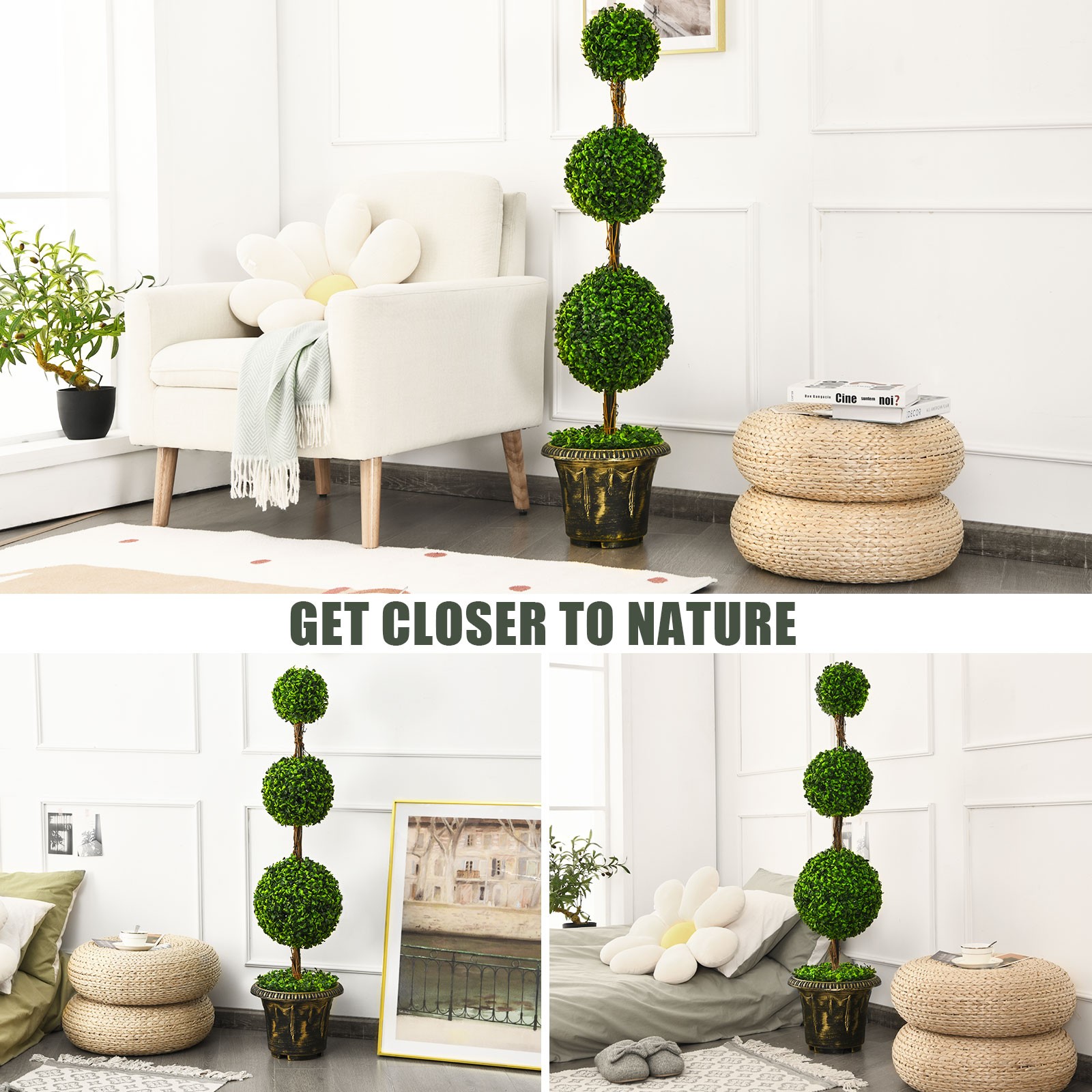Costway 4′ Artificial Topiary Triple Ball Tree Plant Indoor Outdoor UV Resistant