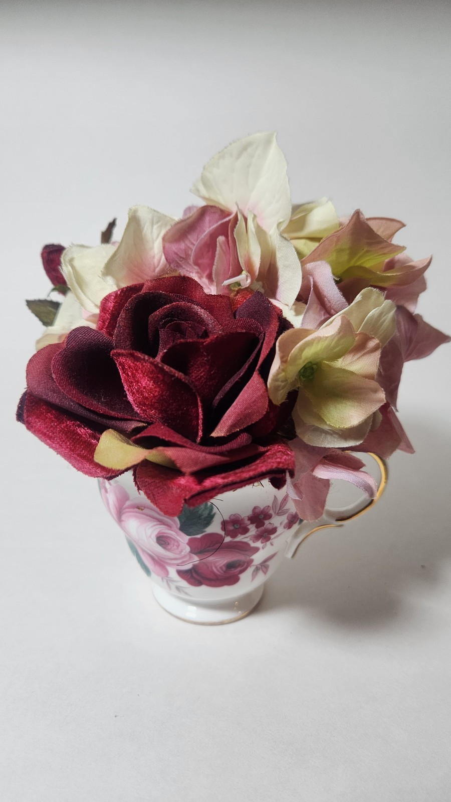 Queen Anne Bone China Artificial Flower Arrangement Teacup Rose Hydrangea