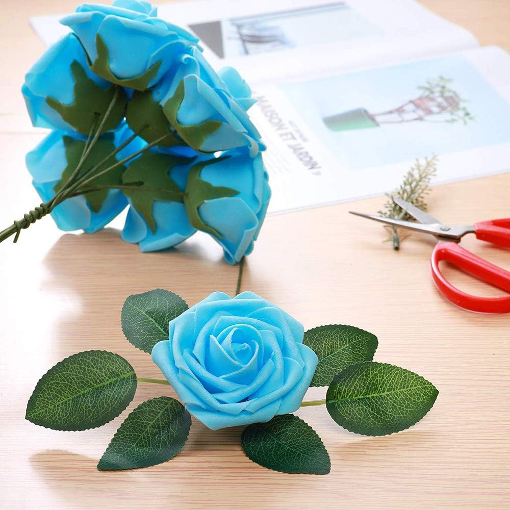 Artificial Flowers 25pcs Real Looking Blue Foam Fake Roses with Stems for DIY…