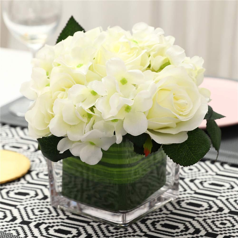 Spring White Artificial Silk Rose Flower Centerpiece Arrangement In Vase Home