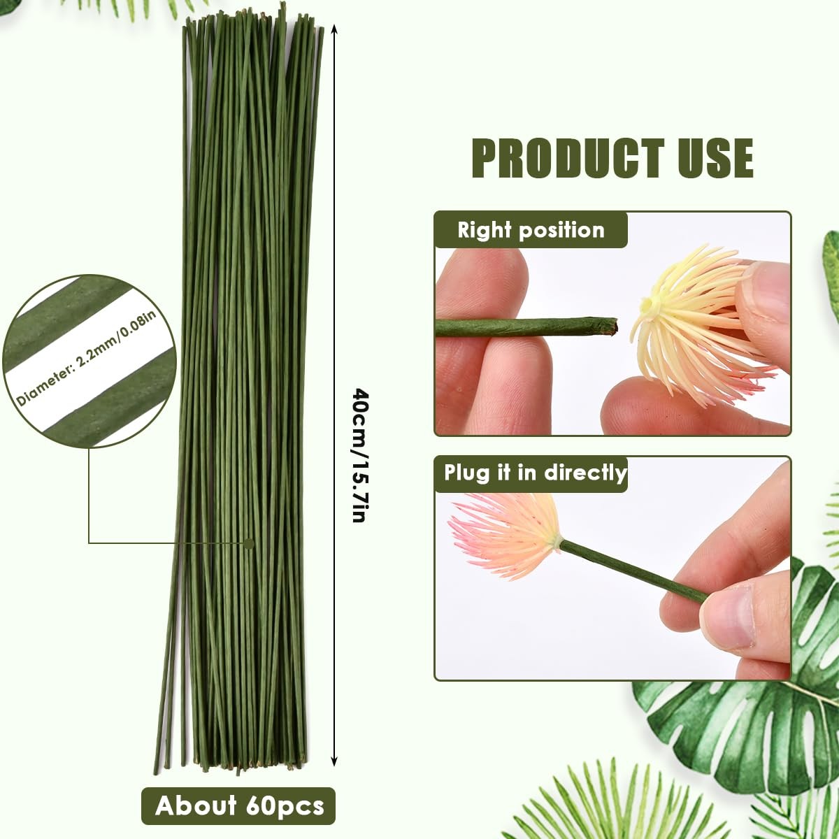 60 Pack Floral Wire Stems 2 Gauge 16 Inch Artificial Flower Stem Rods Green