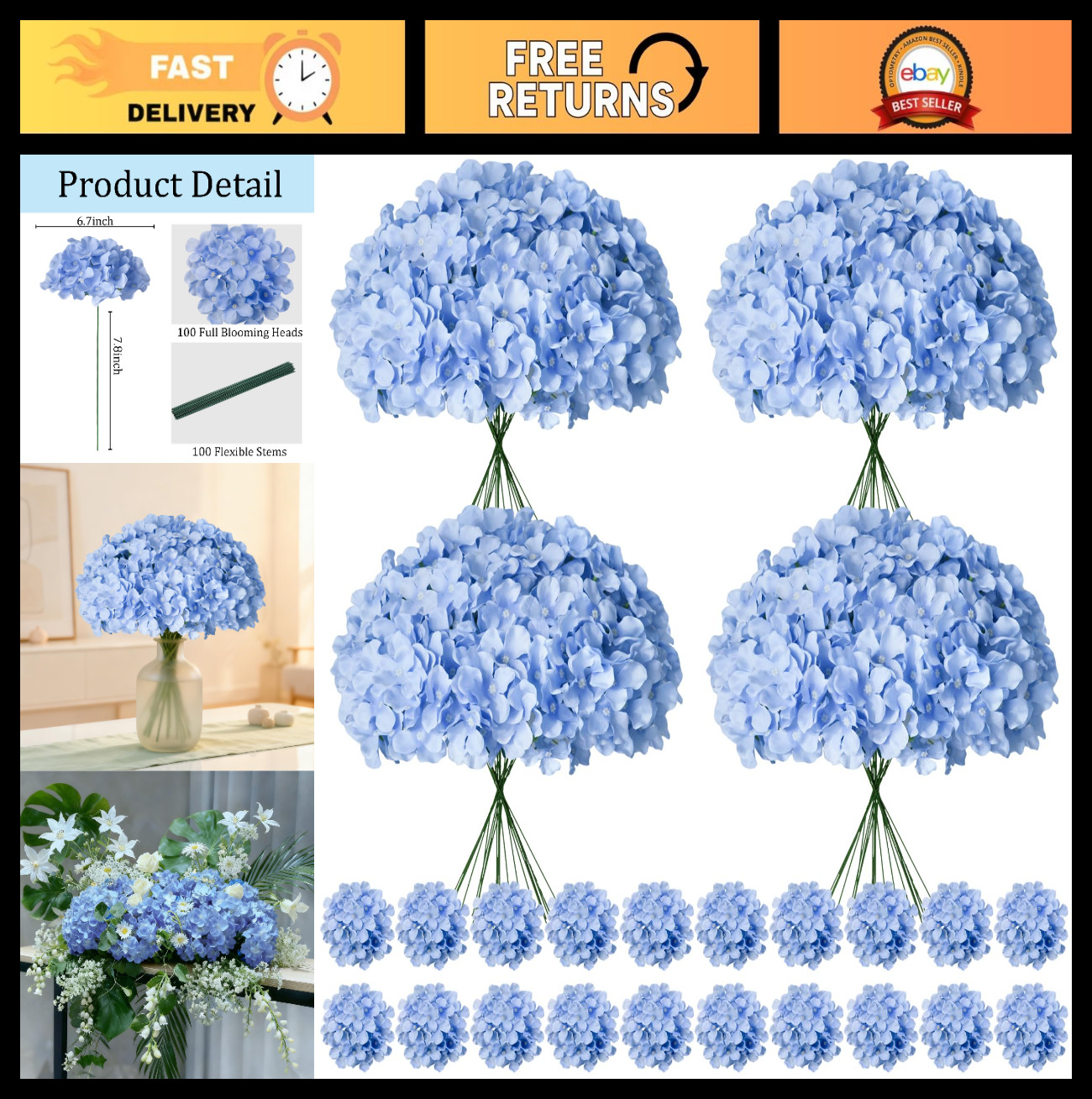 100 Pcs Faux Blue Hydrangea Flowers – Silk Heads with Stems for Wedding, Party,