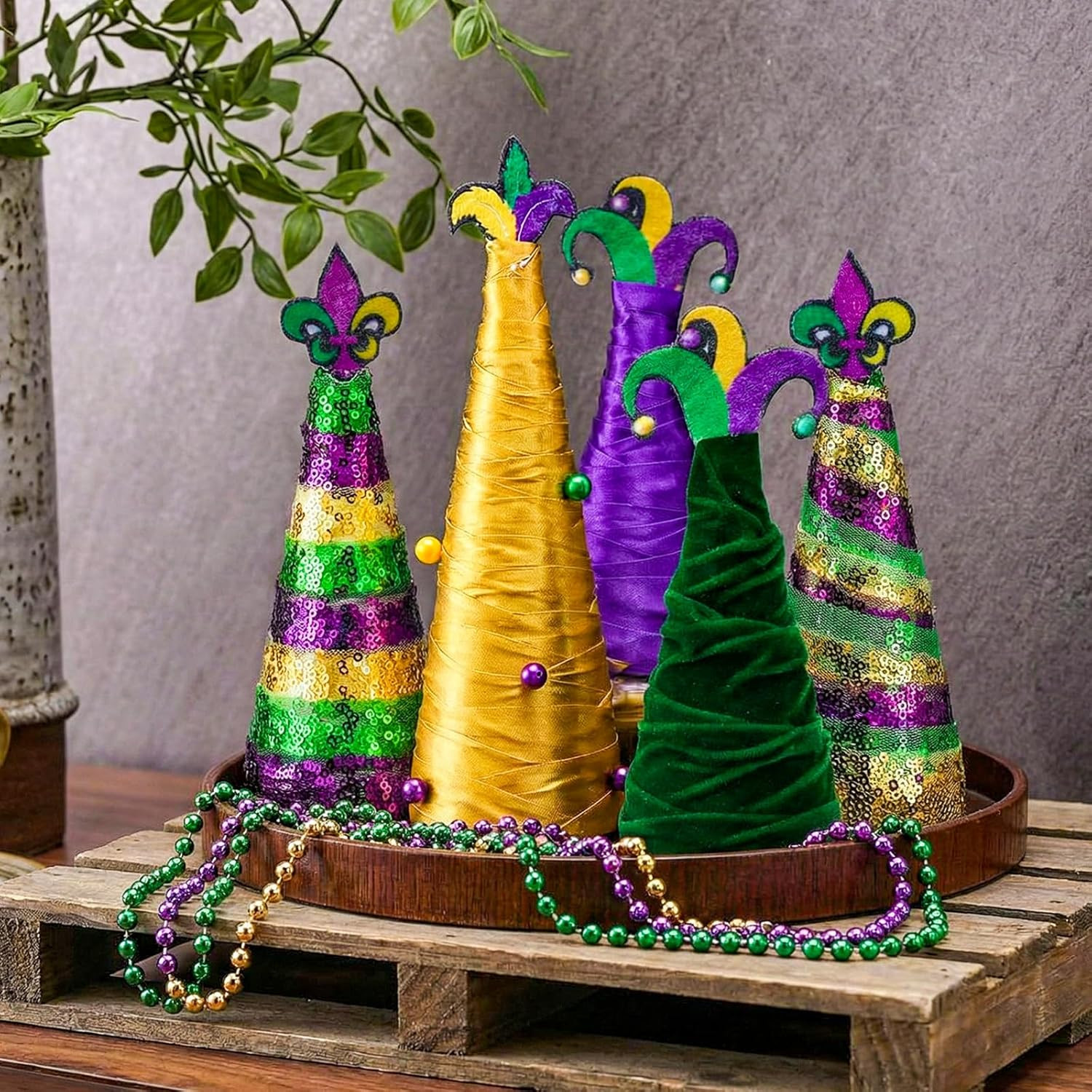 5 Pcs Mardi Gras Decorations Cone Tree Table Decor Yarn Wrapped Purple Green Gol