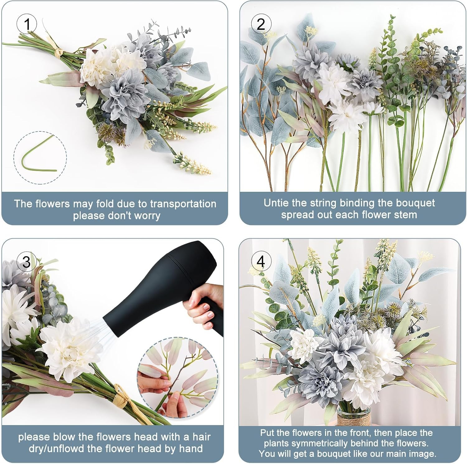2 Pcs Blue White Faux Flower Bouquet for Home Decor & Wedding Centerpieces