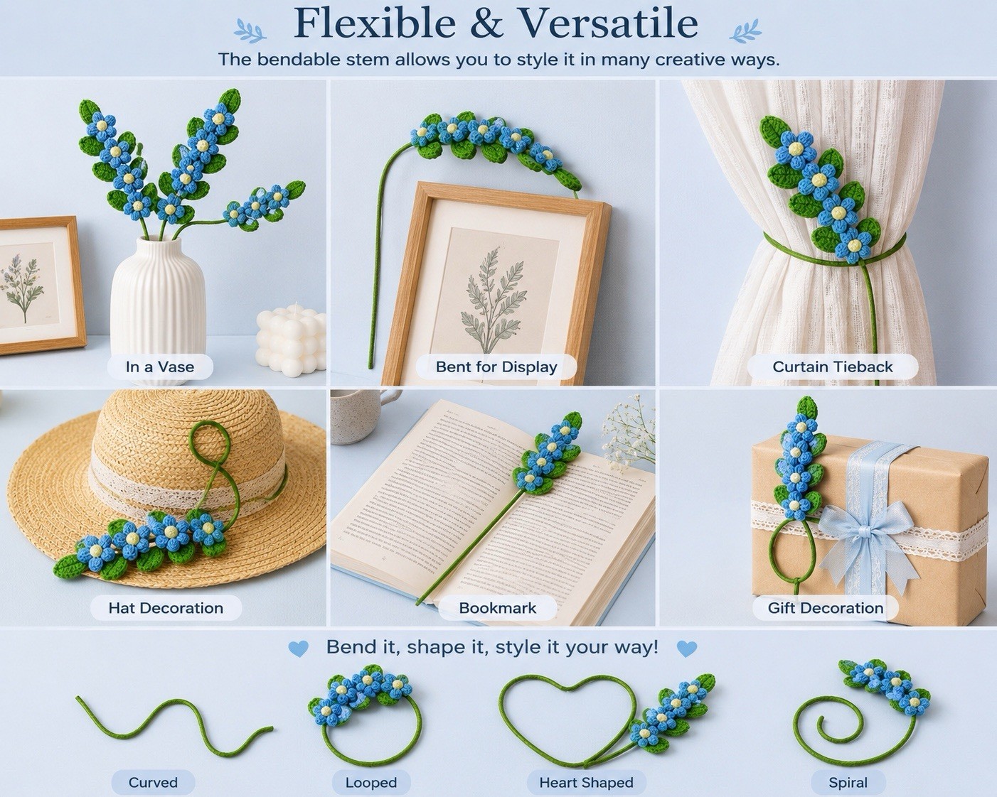 Handmade Crochet White Flower Stem Knitted Floral Decor Gift Home Decoration