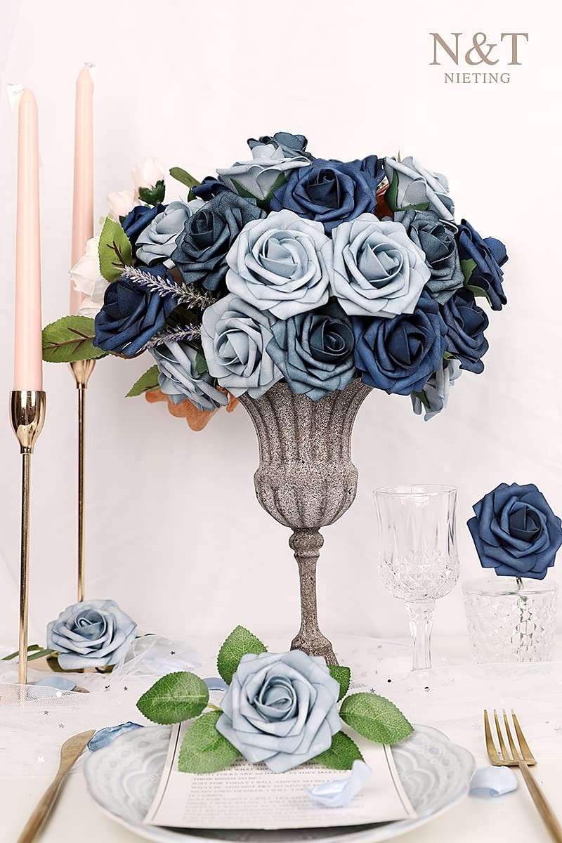 25 PCS Fake Roses Artificial Flowers Dusty Blue Shades Navy Blue Decoration