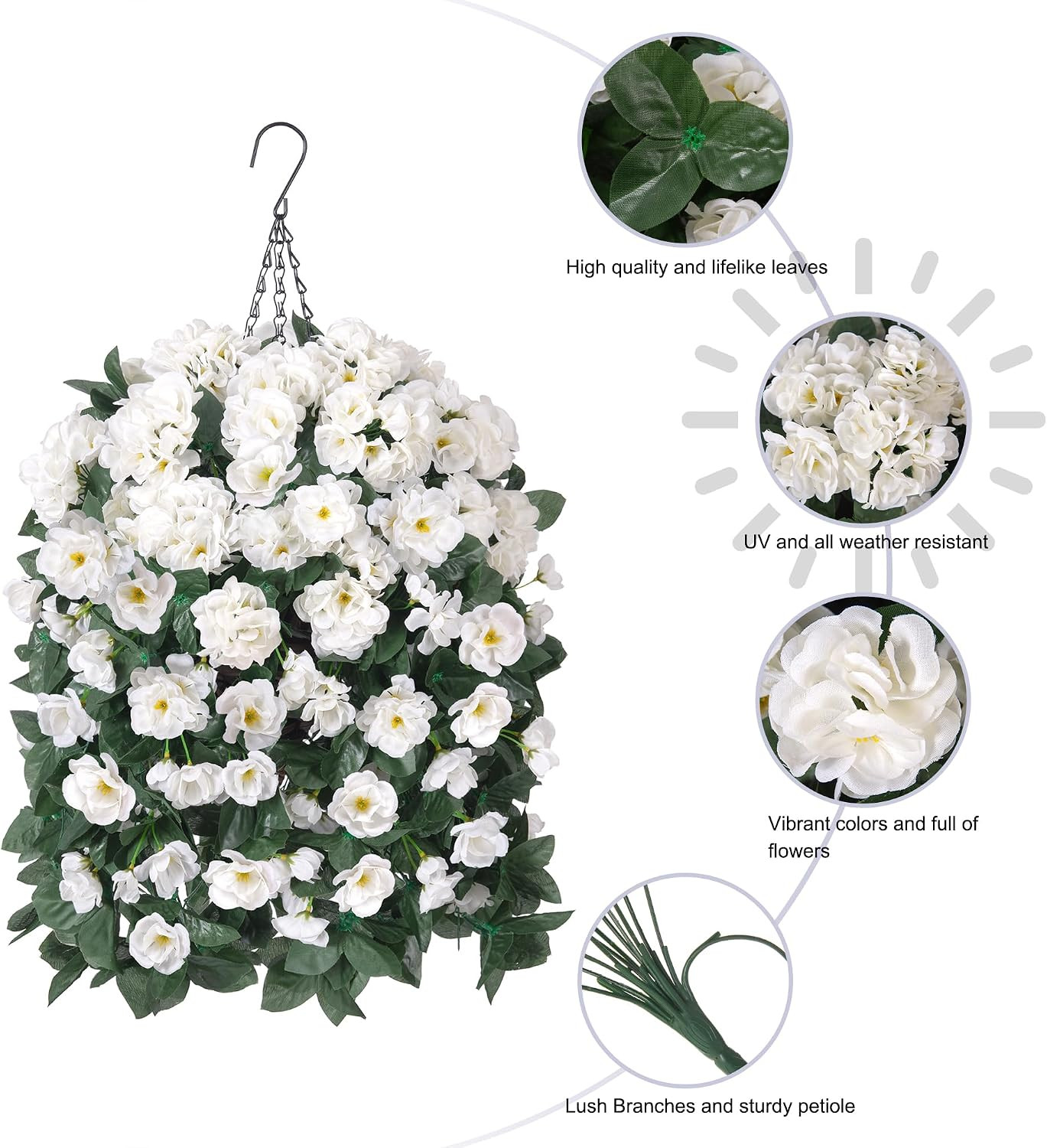 UV Resistant Fake Geraniums Hanging Basket for Outdoor Decor – White