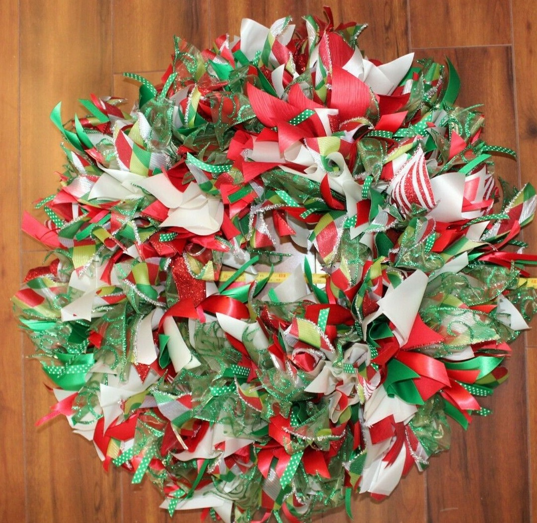 Christmas Winter Holiday Door Wreath Ribbons 23″ Red White Green Sparkle 24″ dia