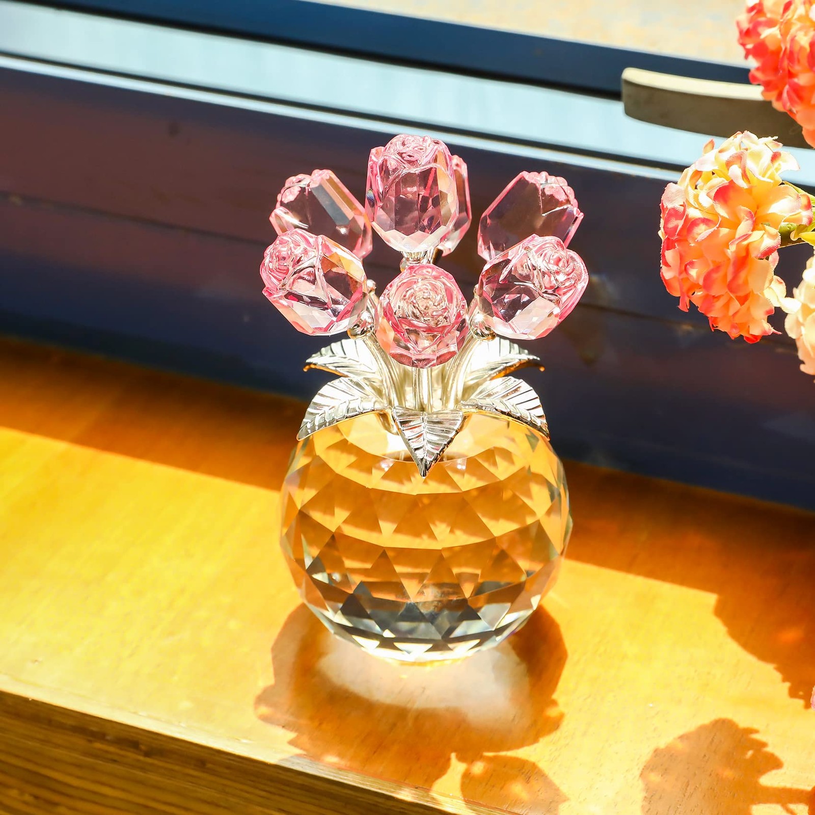 Handmade Crystal Pink Rose Flower Figurine with Round Vase, Rose Gifts for Gi…