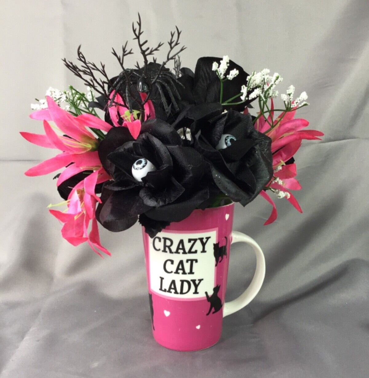 Crazy Cat Lady Pink Tall Coffee Mug Black Roses Eyeballs Flower Arrangement