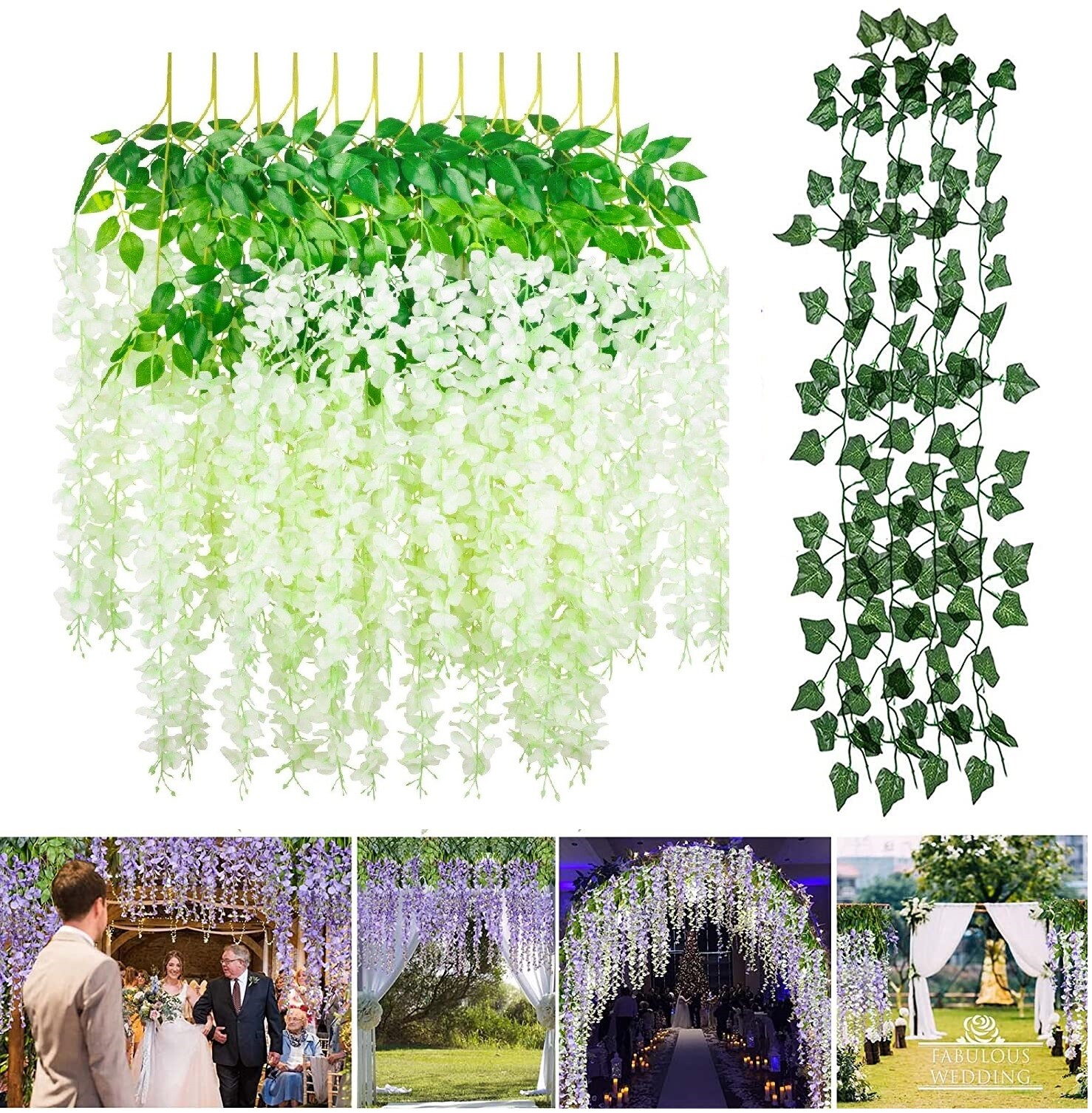 12 Pack Artificial Wisteria Hanging Flowers /6.56 Feet Artificial Ivy Leave Vine