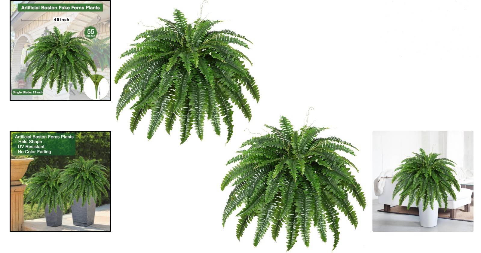Set of 2 Large Artificial Boston Fern Bushes 45 Inches for Outdoor Indoor Decor