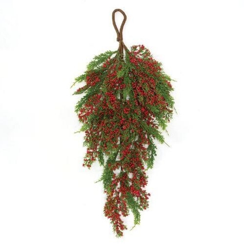 SALE Primitive Farmhouse Christmas CEDAR PINE RED BERRY TEARDROP SWAG Wreath 27″