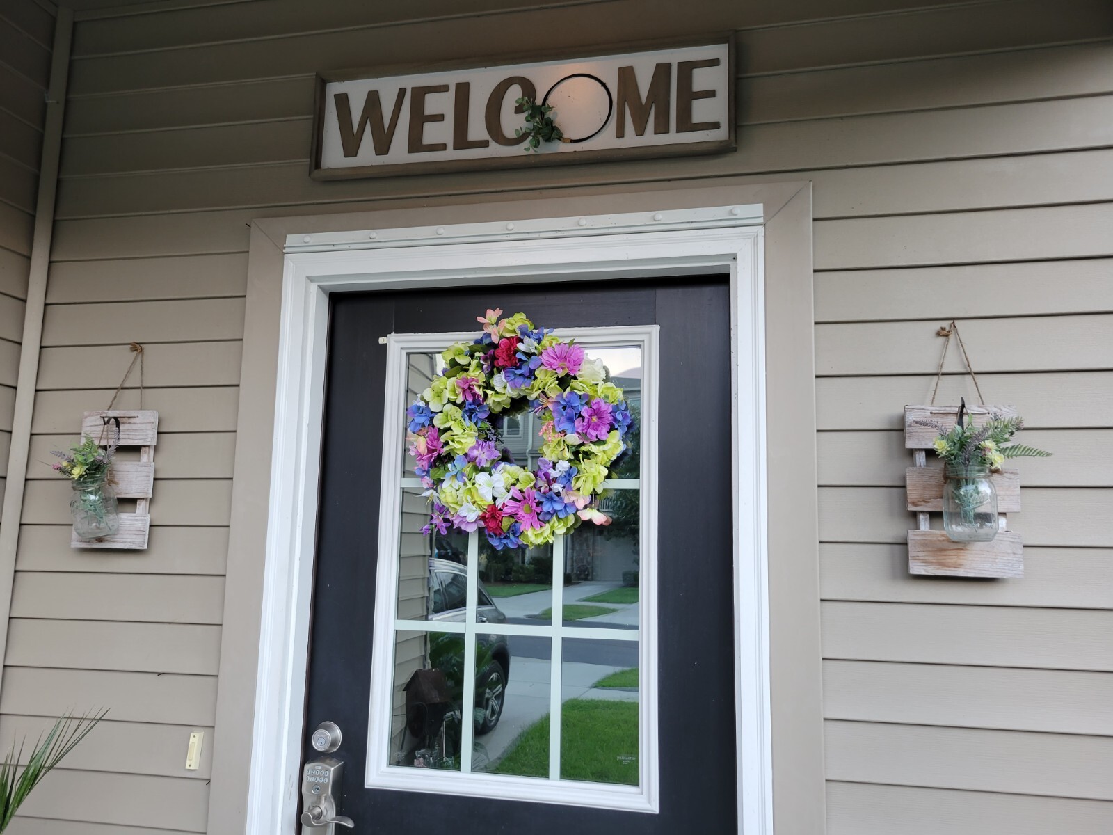 FLORAL one of a kind WREATH flowers Decor Front Door 16″ purple blue pink green