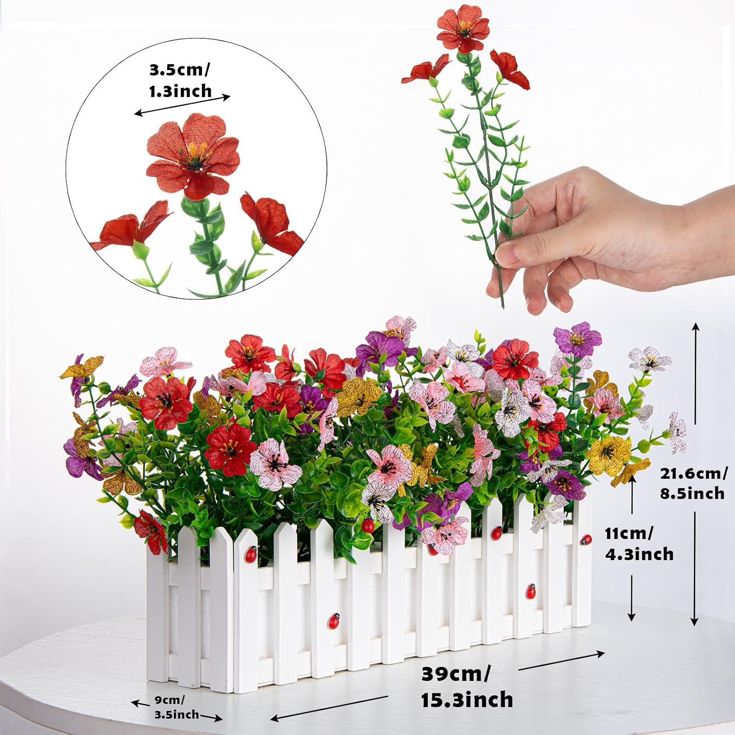 Colorful Artificial Flowers in Picket Fence Pot – Set of 2 for Home Decor