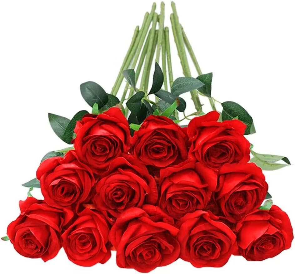 12 Pcs White Roses Long Stem, Artificial Silk Bouquet Wedding DIY