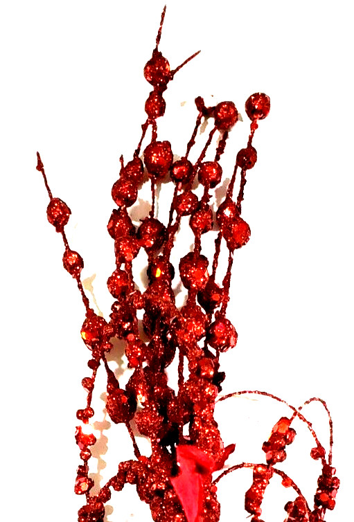 Red Glittered Velvet Leaf & Ball Picks Very Glittery 18″ Tall Set of 7