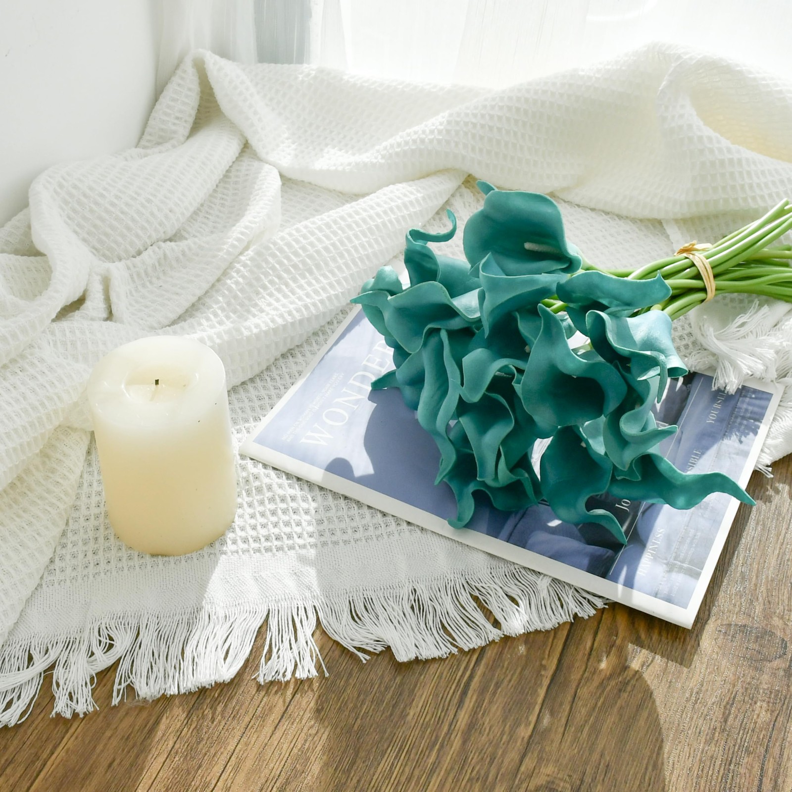 Artificial Teal Calla Lily 20pcs – 13.5″ PU Faux Flowers with Flexible Stems,…