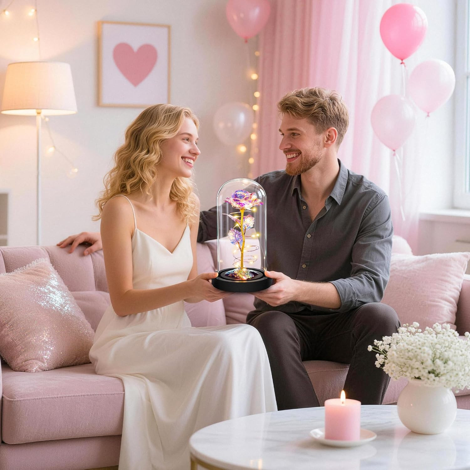 LED Rose in Glass Dome Gift for Her Valentine Anniversary Birthday Mom Wife